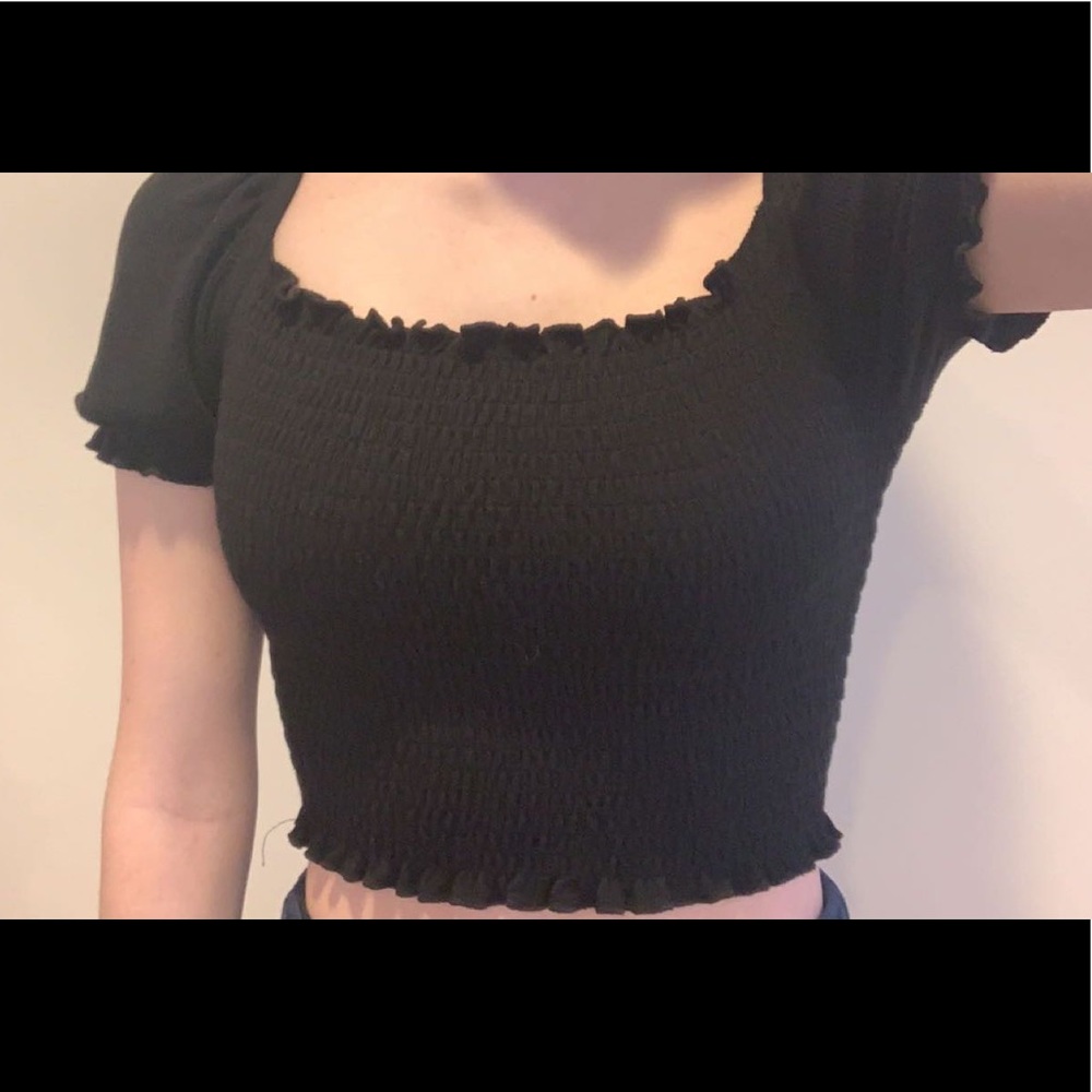 Black Smocked Puff Sleeve Top Slightly Cropped